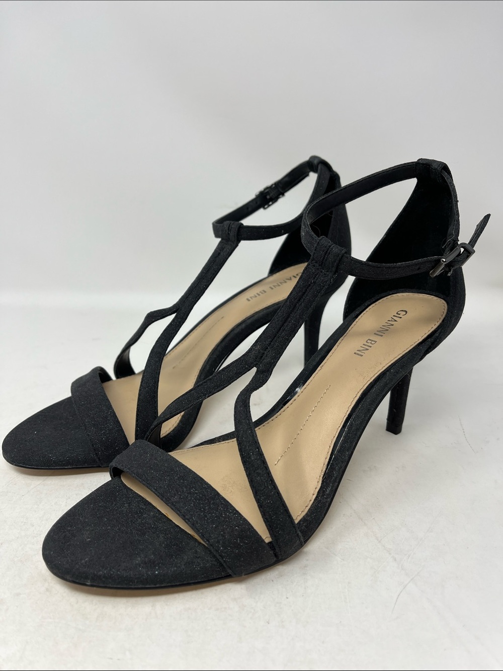 Gianni Bini Shaylinn glitter T-strap heels Black Sparkle Sz 8M